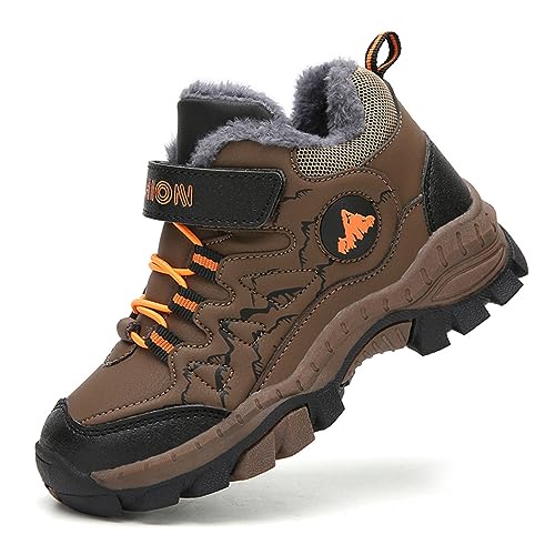 DUORO Kinder Winterschuhe Jungen rutschfest Trekking Wanderschuhe Warm Gefüttert Sneaker Bequem Baumwollschuhe (Braun-3, 30) von DUORO