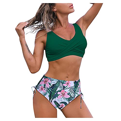 DUOROUPUTAO Bikini Damen Set, Zweiteiler Bauchweg Bademode High Waist Sexy Badeanzug V-Ausschnitt Push Up Sommer Blumenmuster von DUOROUPUTAO