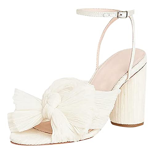 DUOROUPUTAO Damen High Block Chunky Heel Sandalen mit Blockabsatz Mode Open Toe Knöchelschnalle Strap Plissee Bow Heel Sandalen Brautkleid Schuhe Pumps Abendschuhe (White, 34) von DUOROUPUTAO