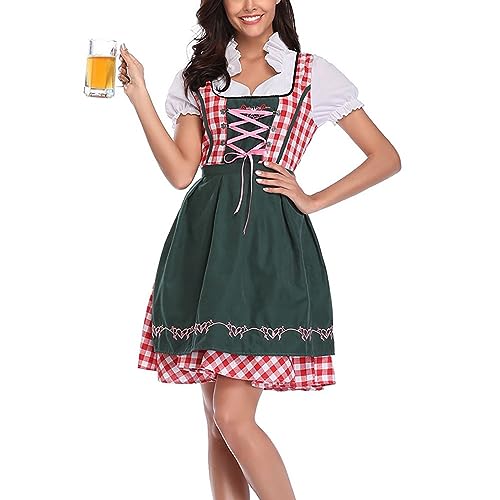 DUOROUPUTAO Dirndl Damen Midi Set 3 Teilig Trachtenkleid Oktoberfest Damen Outfit mit Kurzarm Schürze Vintage Elegant Trachtenmode Dirndlschürze für Karneval von DUOROUPUTAO