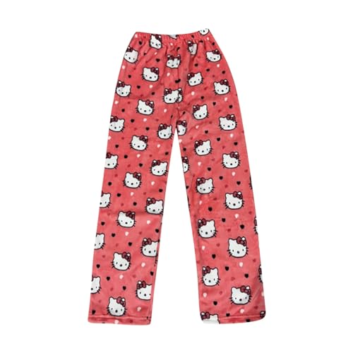 DUOROUPUTAO Schlafanzug Damen Hosen Lang Flanell Hello Kitty Pyjama Hose Damen Schlafhose Weich Kawaii Pyjamas Anime Bequeme Winter Schlafanzughose von DUOROUPUTAO