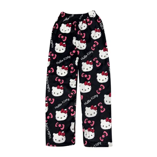 DUOROUPUTAO Schlafanzug Damen Hosen Lang Flanell Hello Kitty Pyjama Hose Damen Schlafhose Weich Kawaii Pyjamas Anime Bequeme Winter Schlafanzughose von DUOROUPUTAO