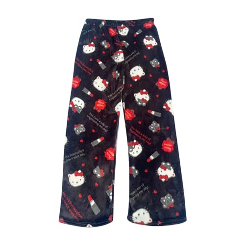 Schlafanzug Damen Hosen Lang Flanell Hello Kitty Pyjama Hose Damen Schlafhose Weich Kawaii Pyjamas Anime Bequeme Winter Schlafanzughose von DUOROUPUTAO