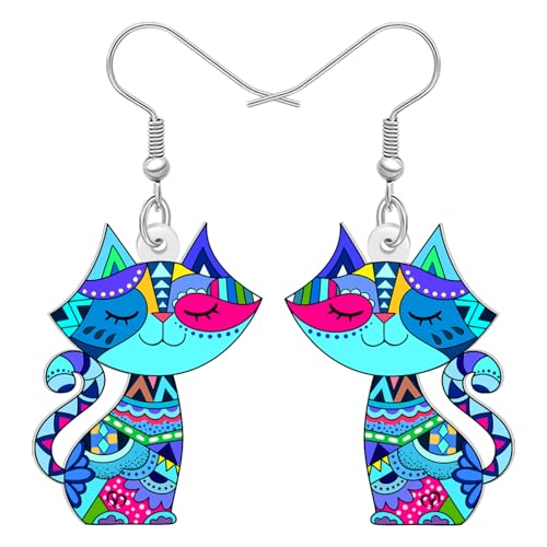 DUOWEI Acryl Bunte Boho Katze Ohrringe Hängend Niedliche Tier Haustiere Kätzchen Design Bohemian Schmuck Zubehör Geschenke für Damen Mädchen Mama Katze Liebhaber Charms (Blau) von DUOWEI