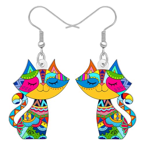 DUOWEI Acryl Bunte Boho Katze Ohrringe Hängend Niedliche Tier Haustiere Kätzchen Design Bohemian Schmuck Zubehör Geschenke für Damen Mädchen Mama Katze Liebhaber Charms (Mehrfarbig) von DUOWEI