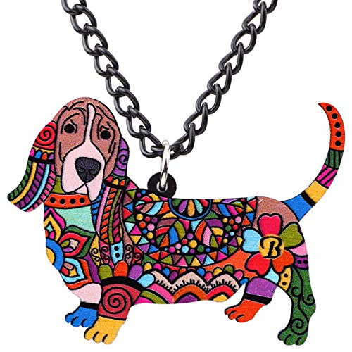 DUOWEI Acryl Floral Stehend Basset Hound Halskette Bunte Hund Haustiere Anhänger Schmuck Geschenke für Frauen Mädchen (Mehrfarbig) von DUOWEI