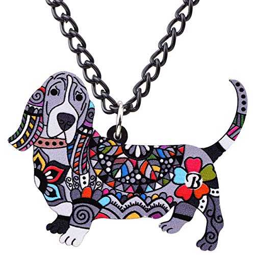 DUOWEI Acryl Floral Stehend Basset Hound Halskette Bunte Hund Haustiere Anhänger Schmuck Geschenke für Frauen Mädchen (Schwarz) von DUOWEI
