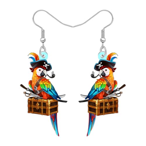 DUOWEI Acryl Lustige Piraten Papagei Ohrringe Hängend Bunte Tropische Ara mit Schatztruhe Design Tier Einzigartige Schmuck Vogel Geschenke für Vogelliebhaber Damen Mädchen Charms (Buntes) von DUOWEI