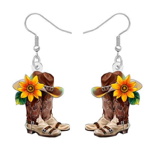 DUOWEI Acryl Lustige Western Cowgirl Stiefel Hut Ohrringe Hängend Niedlich Cowboy Country Einzigartiges Design Schmuck Outfit Geschenke für Damen Mädchen Rodeo Land Musik Liebhaber Charms (Braun) von DUOWEI