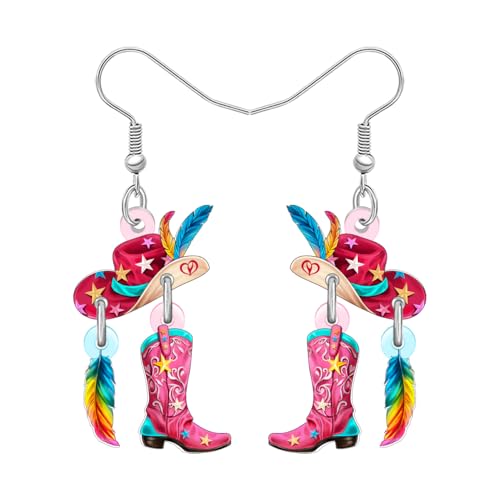 DUOWEI Acryl Lustige Western Cowgirl Stiefel Hut Ohrringe Hängend Niedlich Cowboy Country Einzigartiges Design Schmuck Outfit Geschenke für Damen Mädchen Rodeo Land Musik Liebhaber Charms (Rosa) von DUOWEI
