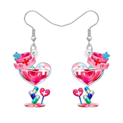 DUOWEI Acryl Niedlich Krankenschwester Kappe Herz Ohrringe Hängend Lustig Pille Kelch Gestaltung Wertschätzung Schmuck für Damen Mädchen Arzt Woche RN Krankenpflege Graduierung Geschenke (Rosa) von DUOWEI