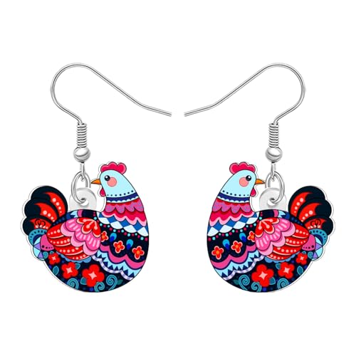 DUOWEI Acryl Niedliche Boho Henne Huhn Ohrringe Hängend Cartoon Bauernhof Tier Design Bohemian Schmuck Zubehör Lustige Huhn Geschenke für Damen Mädchen Mama Tierliebhaber (Buntes) von DUOWEI