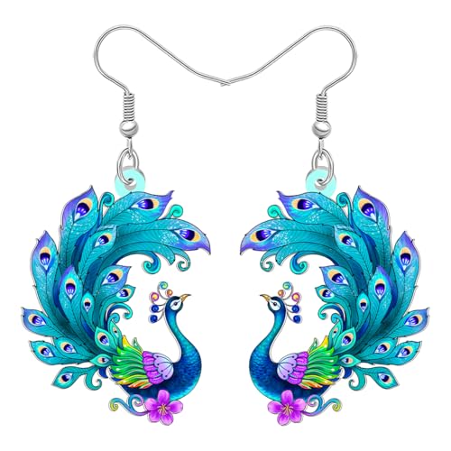 DUOWEI Acryl Niedliche Pfau Tropfen Ohrringe Hängend Floral Vögel Design Tier Frühling Schmuck Vogel Pfau Geschenke für Damen Mädchen Vogelliebhaber Zubehör Charms (Buntes) von DUOWEI
