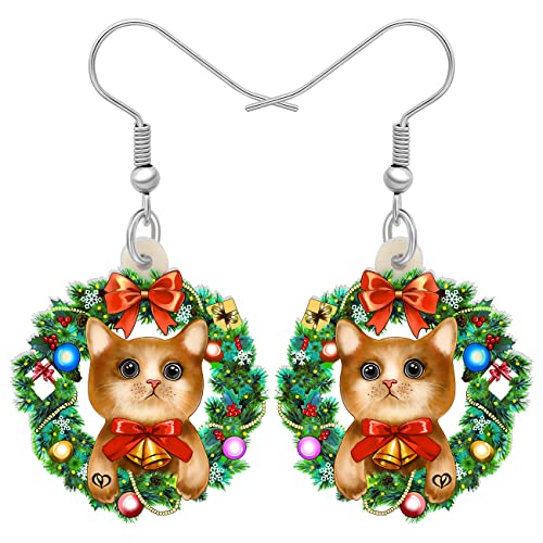 DUOWEI Acryl Weihnachten Truck Ohrringe Dangle Schmuck für Frauen Mädchen Festival Geschenke (Weihnachtskranz, Katze) von DUOWEI