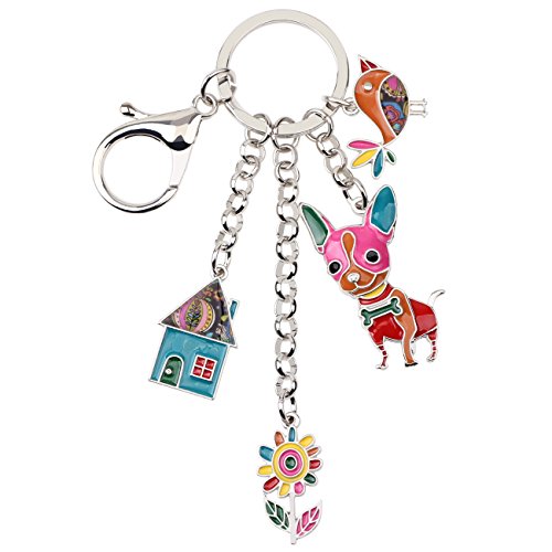 DUOWEI Cute Chihuahua Schlüsselanhänger Geschenke Dainty Hund Schlüsselring Für Damen Frauen Mädchen Autoschlüsselanhänger Charms Zubehör (Blumenmuster) von DUOWEI