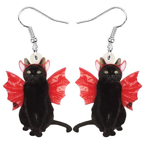 DUOWEI Acryl Halloween Schwarz Totenkopf Katze Ohrringe Baumeln Schmuck für Damen Mädchen Geschenke Dekoration (Rot) von DUOWEI