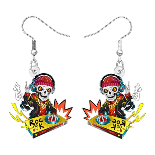 DUOWEI Funny 70s 80s Totenkopf Dj Ohrringe Hängend, Acryl Musik Thema Design, Bunte Rock-Stil Einzigartige Halloween Punk-Schmuck Geschenke für Damen Mädchen Musikliebhaber Outfit (Mehrfarbig) von DUOWEI
