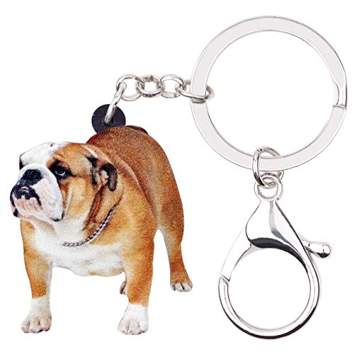 DUOWEI Süß Acryl Braun Bulldogge Schlüsselanhänger Tier Handtasche Charme Geschenk Für Damen Mädchen (Braun Und Weiß) von DUOWEI