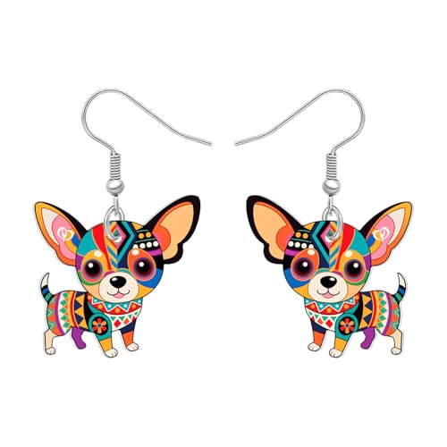 DUOWEI Niedliche Boho Chihuahua Ohrringe Hängend, Acryl Bunte Bohemian Style Design Einzigartige Haustiere Welpe Tier Schmuck Hund Mama Geschenke für Damen Mädchen Hundeliebhaber Besitzer (Mehrfarbig) von DUOWEI