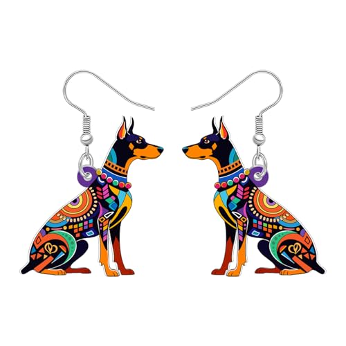 DUOWEI Niedliche Boho Dobermann Ohrringe, Hängend Acryl Böhmen Design Einzigartige Haustiere Welpe Tier Schmuck Zubehör Hund Mama Geschenke für Damen Mädchen Hundeliebhaber Besitzer Charms (Buntes) von DUOWEI