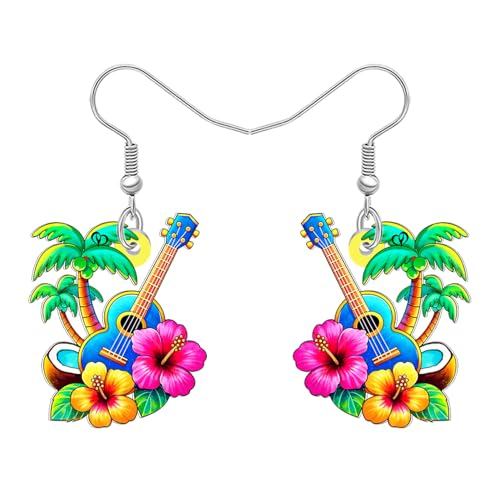 DUOWEI Niedliche Tropische Hawaiian Ohrringe Hängend Acryl Ukulele Palm Baum Design Mit Hibiskus Blumen Einzigartige Strand Thema Sommer Schmuck Geschenke für Damen Mädchen Strandliebhaber (Buntes) von DUOWEI