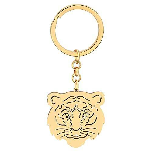 DUOWEI Süßr Tiger Schlüsselanhänger Edelstahl Tiger Schlüsselring Schmuck Charme Tiger Dekoration Geschenke für Frauen Mädchen Zoo Party Favors (Tigerkopf gold) von DUOWEI