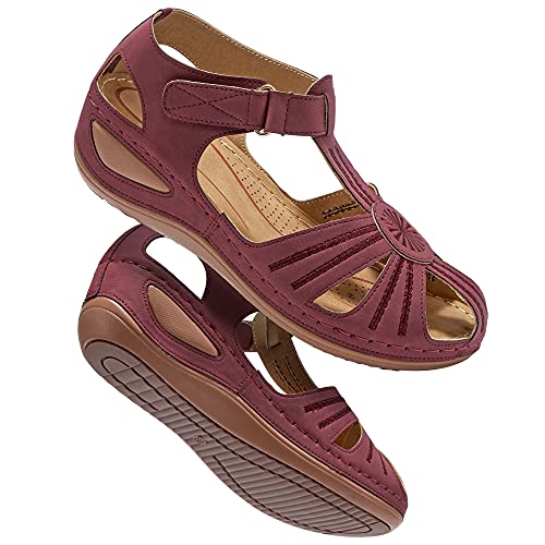 DUOYANGJIASHA Damen Sommer Sandalen Strand Keilsandalen Bohemia Flip Flop Knöchelriemen Causal Bequeme Runde Zehen Gladiator Outdoor Schuhe, (Weinrot), 40 EU von DUOYANGJIASHA