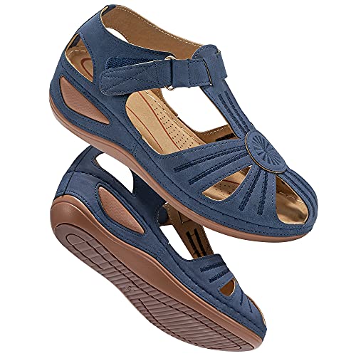 DUOYANGJIASHA Damen Sommer Sandalen Strand Keilsandalen Bohemia Flip Flop Knöchelriemen Causal Bequeme Runde Zehen Gladiator Outdoor Schuhe, (dunkelblau), 40 EU von DUOYANGJIASHA