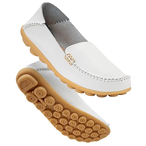 DUOYANGJIASHA Frauen Bequeme Leder Loafers Casual Runde Zehe Mokassins Wild Fahren Wohnungen Weiche Wanderschuhe Frauen Slip On, Weiss/opulenter Garten, 42 EU von DUOYANGJIASHA
