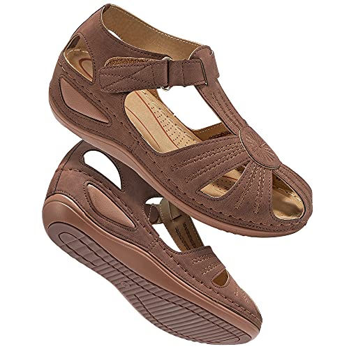 DUOYANGJIASHA Frauen Sommer Sandalen Strand Keilsandalen Bohemia Flip-Flop Knöchelriemen Causal Bequem Runde Zehen Gladiator Outdoor Schuhe, Braun, 37.5 EU von DUOYANGJIASHA