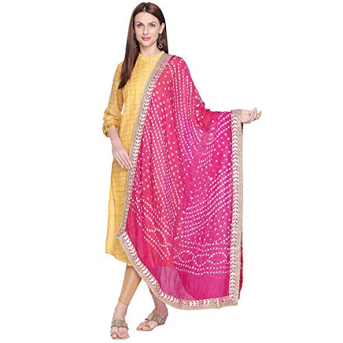 DUPATTA BAZAAR Damen Bandhini Seide Dupatta mit Gotta Patti Bordüre., rose, One size von DUPATTA BAZAAR