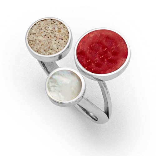 DUR Ring Strandfeuer aus 925 Sterling Silber mit Kolrallenkugel, Sandkugel und Perlmutt veredelt, Silber/Weiß/Rot/Sand, Größe: 58, R5464.58 von DUR-Schmuck