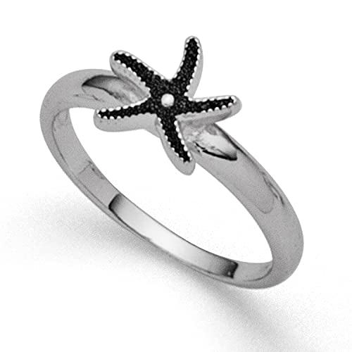 DUR Seestern Mini Damen Ring aus 925 Sterling Silber mit Lavasand veredelt, Größe: 54, Silber/Schwarz, R5427.54 von DUR-Schmuck