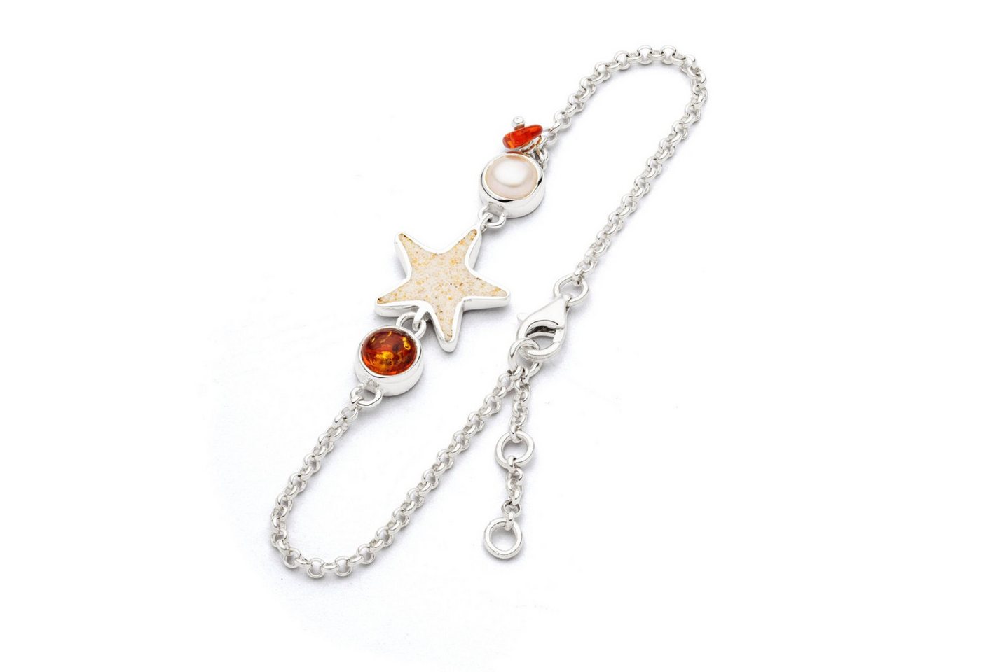 DUR Armband A1846 „Sandseestern“, 18,5 cm – Silber, Perle, Bernstein & Strandsand, maritimer Schmuck von DUR