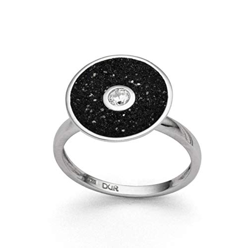 DUR Lavafunkeln Damen Ring aus 925 Sterling Silber mit Lavasand und Zirkonia, Silber/Schwarz Größe: 52, R475952 von DUR-Schmuck