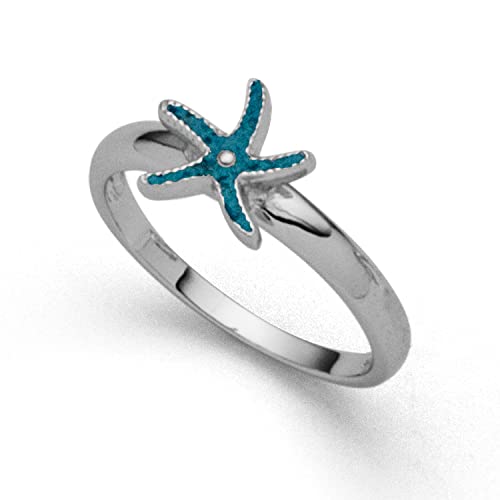 DUR Seestern Mini Damen Ring aus 925 Sterling Silber mit blauem Steinsand veredelt, Größe: 56, Silber/Schwarz, R5632.56 von DUR