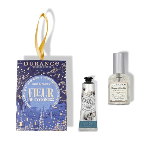 Durance Handcreme mit Baumwollduft 30ml & Kissenspray 50ml - Duo Geschenkset für Weihnachten - Feuchtigkeitscreme mit Süßmandelöl - Entspannendes Kissenspray Heimduft von DURANCE