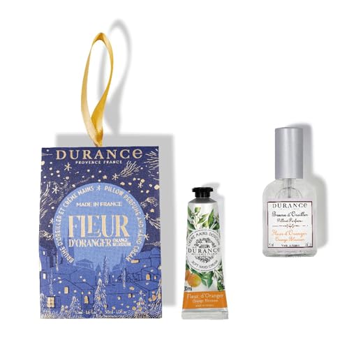 Durance Handcreme mit Orangenblütenduft 30 ml & Kissenspray 50 ml - Duo Geschenkset für Weihnachten - Feuchtigkeitscreme mit süßem Mandelöl - Entspannungskissen Spray Raumduft von DURANCE