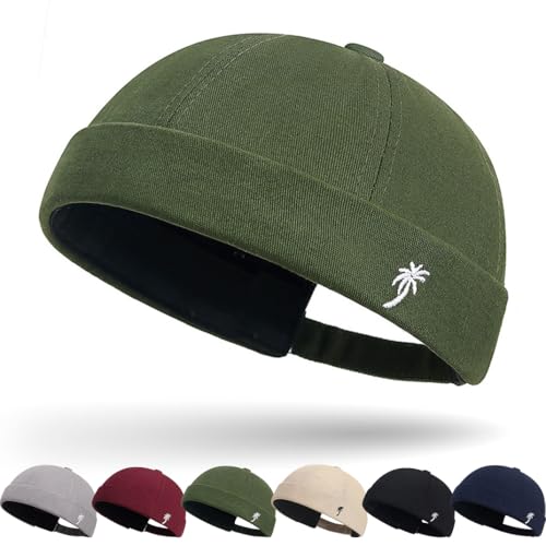 Cotton Docker Cap Seemannsmütze Hafenmütze Original Dockermütze Herren Sommer Brimless Hat Kopfbedeckung Seemannskappe Herren Verstellbar Cap Ohne Schirm Retro Brimless Hat Rolled Cuff Fischermütze von DURINM