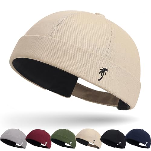 Cotton Docker Cap Seemannsmütze Hafenmütze Original Dockermütze Herren Sommer Brimless Hat Kopfbedeckung Seemannskappe Herren Verstellbar Cap Ohne Schirm Retro Brimless Hat Rolled Cuff Fischermütze von DURINM