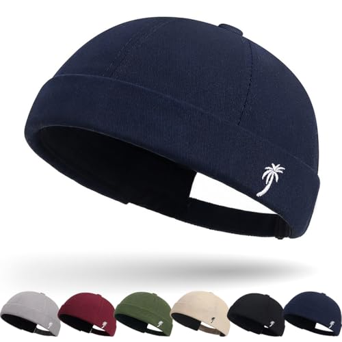 Cotton Docker Cap Seemannsmütze Hafenmütze Original Dockermütze Herren Sommer Brimless Hat Kopfbedeckung Seemannskappe Herren Verstellbar Cap Ohne Schirm Retro Brimless Hat Rolled Cuff Fischermütze von DURINM