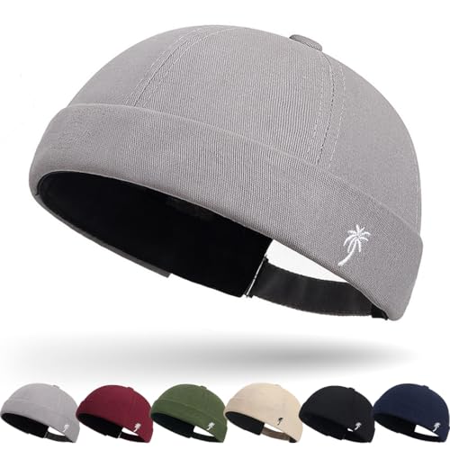 Cotton Docker Cap Seemannsmütze Hafenmütze Original Dockermütze Herren Sommer Brimless Hat Kopfbedeckung Seemannskappe Herren Verstellbar Cap Ohne Schirm Retro Brimless Hat Rolled Cuff Fischermütze von DURINM