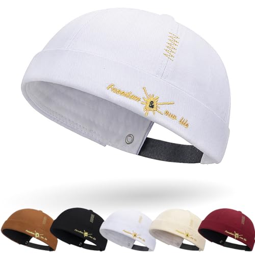 Cotton Docker Cap Seemannsmütze Hafenmütze Original Dockermütze Herren Sommer Brimless Hat Kopfbedeckung Seemannskappe Herren Verstellbar Cap Ohne Schirm Retro Brimless Hat Rolled Cuff Fischermütze von DURINM