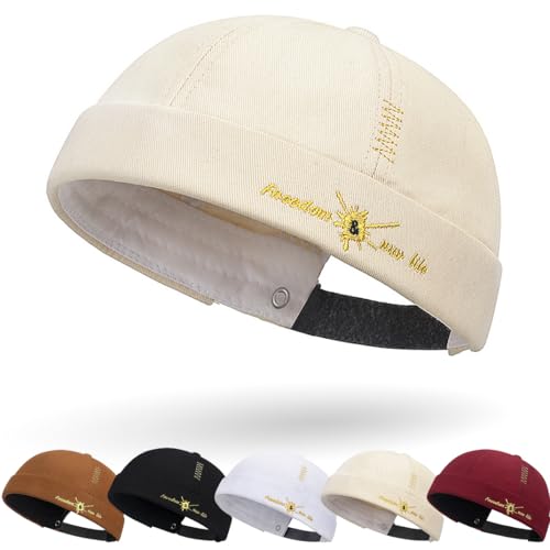 Cotton Docker Cap Seemannsmütze Hafenmütze Original Dockermütze Herren Sommer Brimless Hat Kopfbedeckung Seemannskappe Herren Verstellbar Cap Ohne Schirm Retro Brimless Hat Rolled Cuff Fischermütze von DURINM