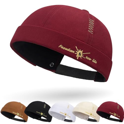 Cotton Docker Cap Seemannsmütze Hafenmütze Original Dockermütze Herren Sommer Brimless Hat Kopfbedeckung Seemannskappe Herren Verstellbar Cap Ohne Schirm Retro Brimless Hat Rolled Cuff Fischermütze von DURINM