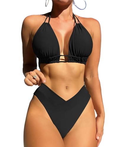 Bikini Damen Bauchweg,Triangel Bikini Damen Set Neckholder Bikinioberteil Verstellbare Bademode Unterteil Seitlicher Schnürung Zweiteiliger Badeanzug von DURINM