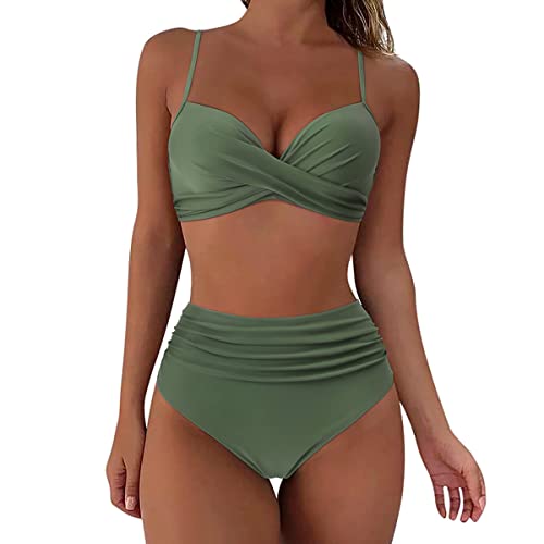 DURINM Bikini Damen High Waist Damen Zweiteiliger Bikini Damen Bademode Push Up Bikini Set Zweiteilige Badeanzug Strandkleidung Crossover Neckholder Triangel Oberteil Bikinihose von DURINM