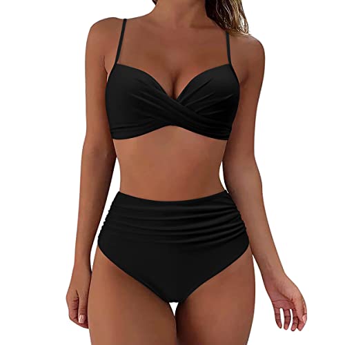 DURINM Bikini Damen High Waist Damen Zweiteiliger Bikini Damen Bademode Push Up Bikini Set Zweiteilige Badeanzug Strandkleidung Crossover Neckholder Triangel Oberteil Bikinihose von DURINM