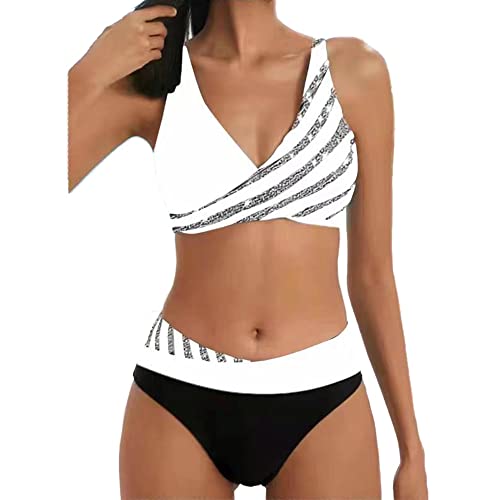 DURINM Damen Zweiteiliger Bikini Set Damen Push Up Bikini Sets Hohe Taille Swimmwear Über Kreuz Swimsuit Sets Sport Zweiteilig Bademode mit Kontrast Besatzt von DURINM