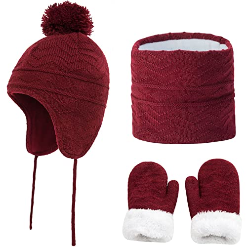 DURINM Mütze Schal Handschuhe Set für Mädchen und Jungen im Alter von 1–6 Jahren mit dickem Fleece gefütterten Beanie Mütze mit Bommeln Handschuhen Winter und Loop Schal Kinder (Rotwein, L) von DURINM